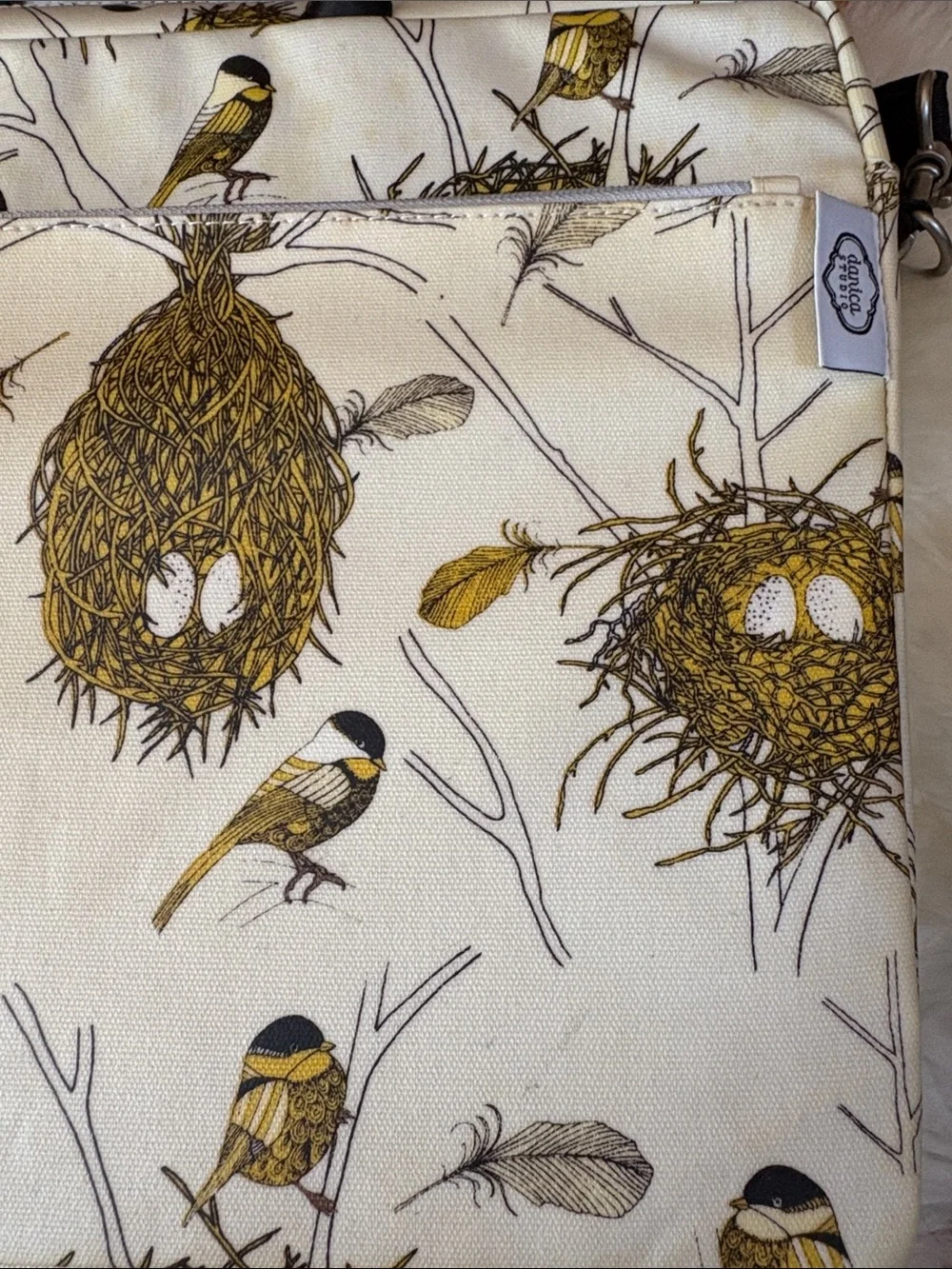 Danica Studios Canvas Bird-Print Laptop Bag in Cream and Mustard